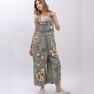 Blue Velvet Star & Peace Patch Wide-Leg Denim cropped Overalls - Blue